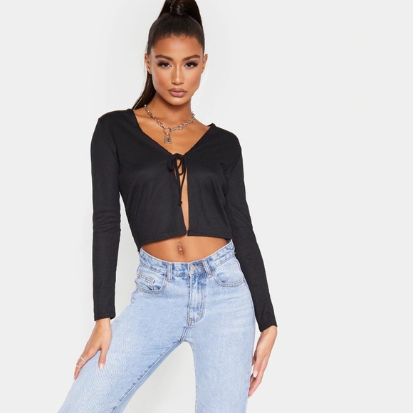 Black Rib Tie Front Crop Top - Picture 2 of 5